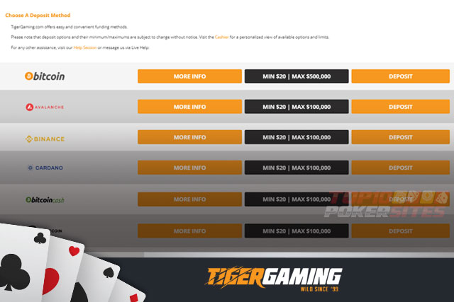 TigerGaming Poker Банковские возможности